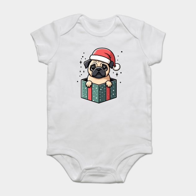 Pug In Present Dog Christmas Festive Santa Hat Baby Bodysuit by Frank Ring